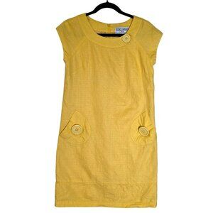 Jessica Howard Yellow Linen Shift Dress 4 Petite Cap Vtg 60s Insp Retro Tweed